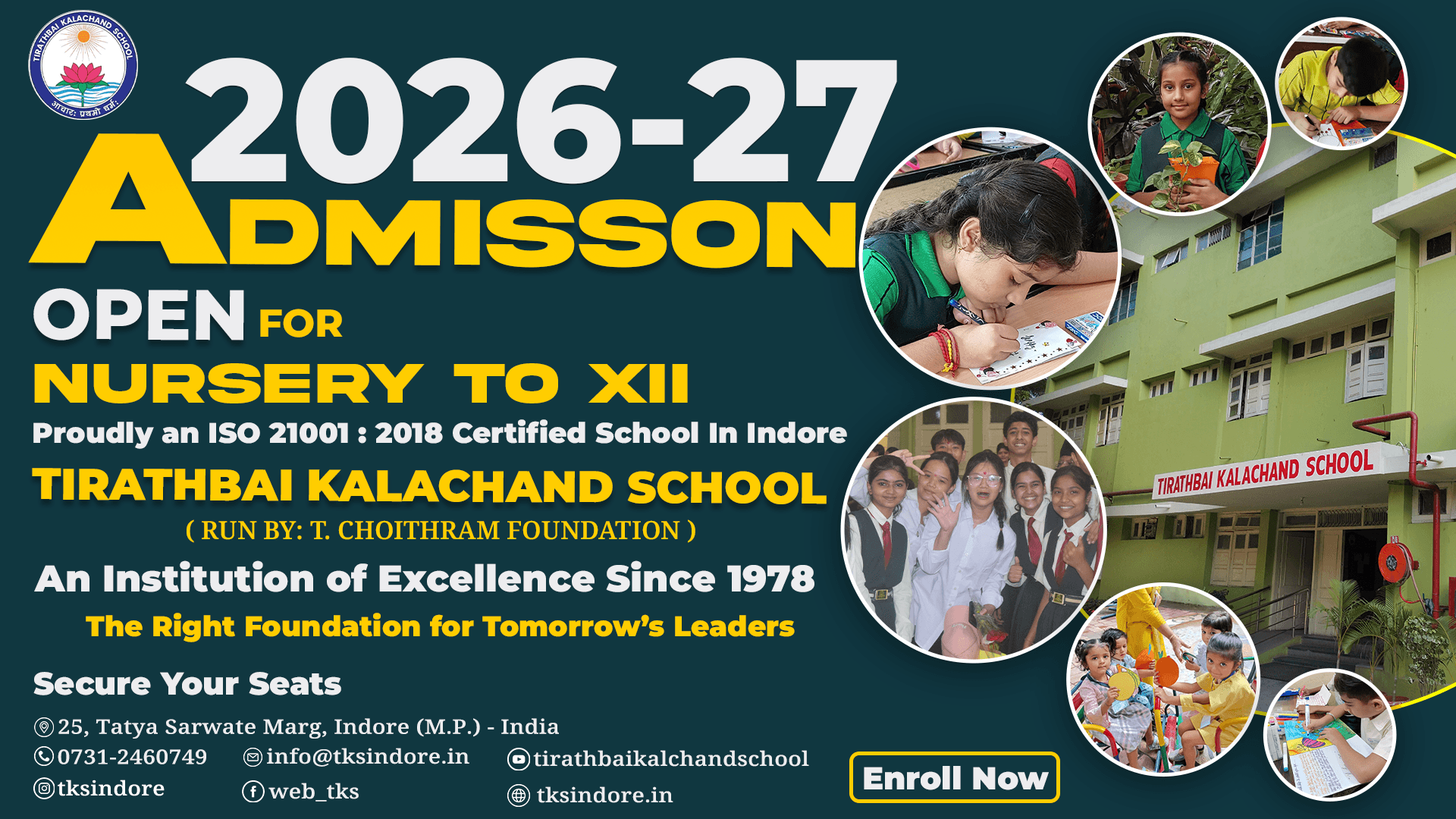 Admission Open 2026-27 at Tirathbai Kalachand School Indore ISO 21001 Certified